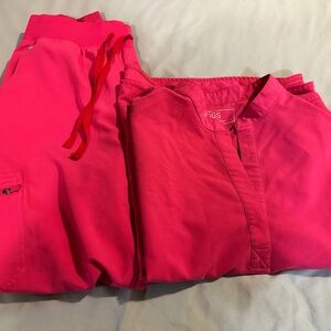 💖 FIGS Shocking Pink Scrub Set | Rafaela Top + Zamora HW Jogger | Size L | EUC